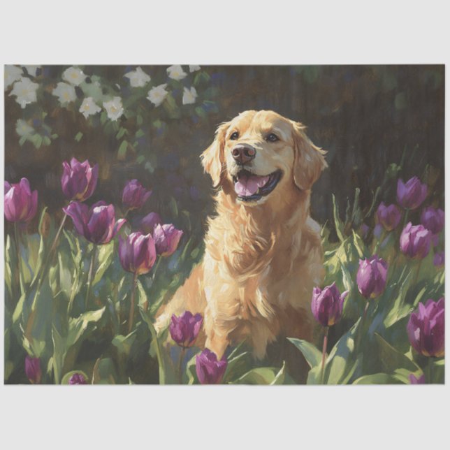 Golden Retriever with Purple Tulips Decoupage Tissue Paper (Front)