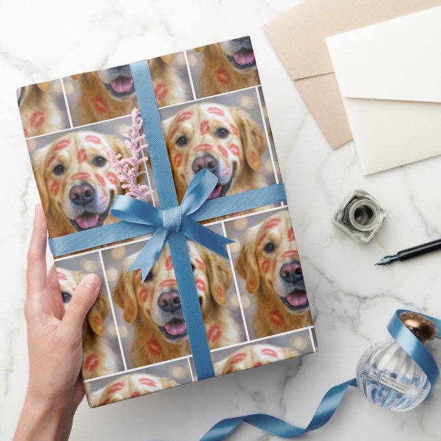 Golden Retriever with Red Lipstick Kisses Wrapping Paper (Gifting)