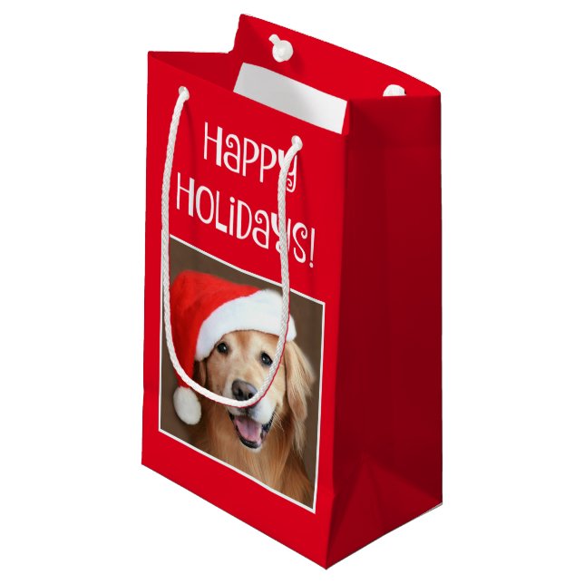 Golden Retriever With Red Santa Hat Small Gift Bag (Front Angled)
