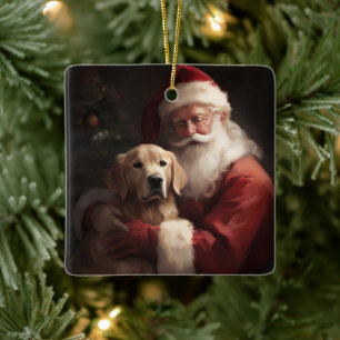 Golden Retriever With Santa Clause Christmas Ceramic Ornament