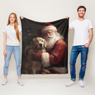 Golden Retriever With Santa Clause Christmas Fleece Blanket