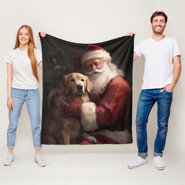 Golden Retriever With Santa Clause Christmas Fleece Blanket (In Situ)