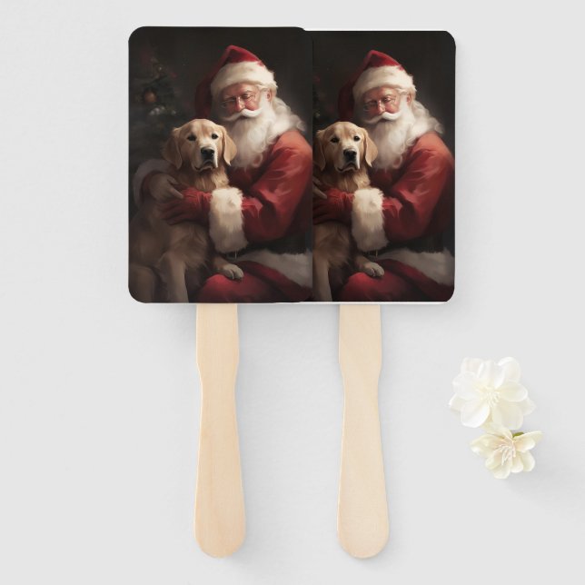 Golden Retriever With Santa Clause Christmas Hand Fan (Front and Back)