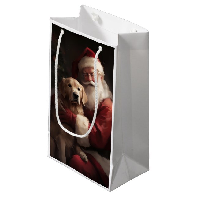 Golden Retriever With Santa Clause Christmas Small Gift Bag (Front Angled)