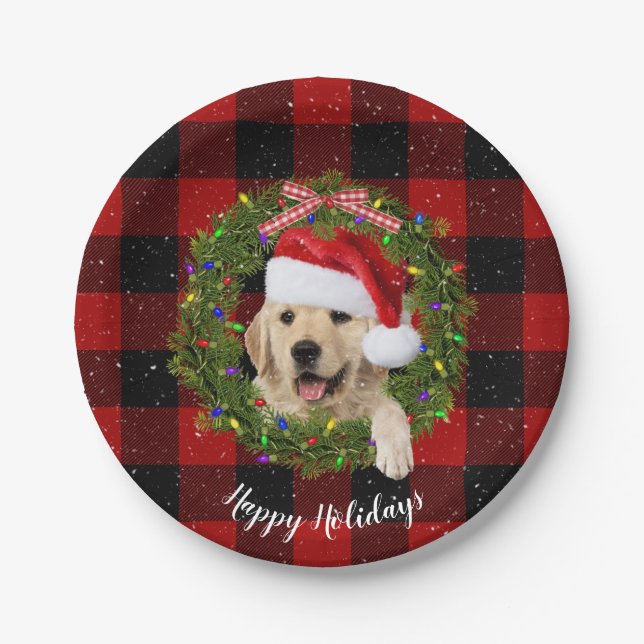 Golden retriever wreath on buffalo plaid paper plate (Front)