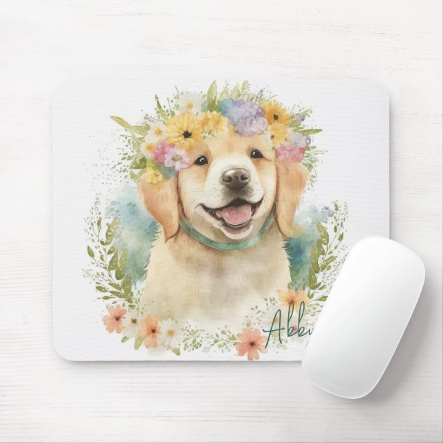 Golden Retrievers and Flower Wreaths Mouse Mat (With Mouse)
