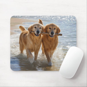 Golden Retrievers Carrying a Stick Mouse Mat