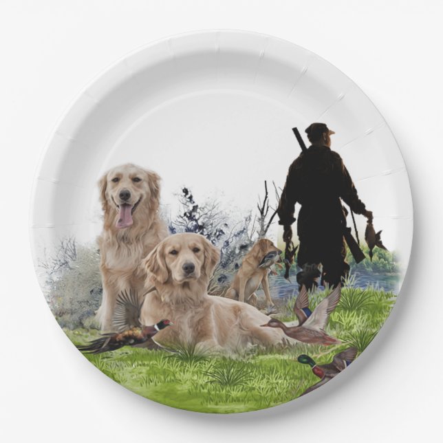  Golden Retrievers - Excellent hunting dogs    Paper Plate (Front)
