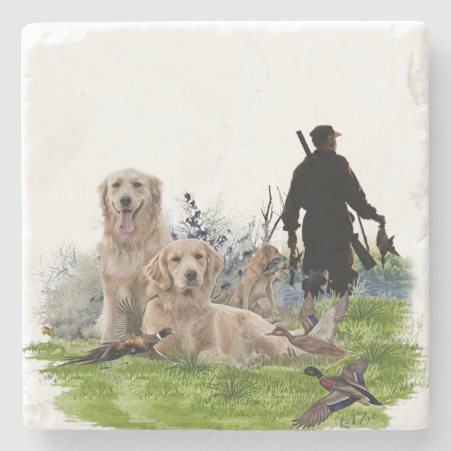  Golden Retrievers - Excellent hunting dogs     Stone Coaster (Front)