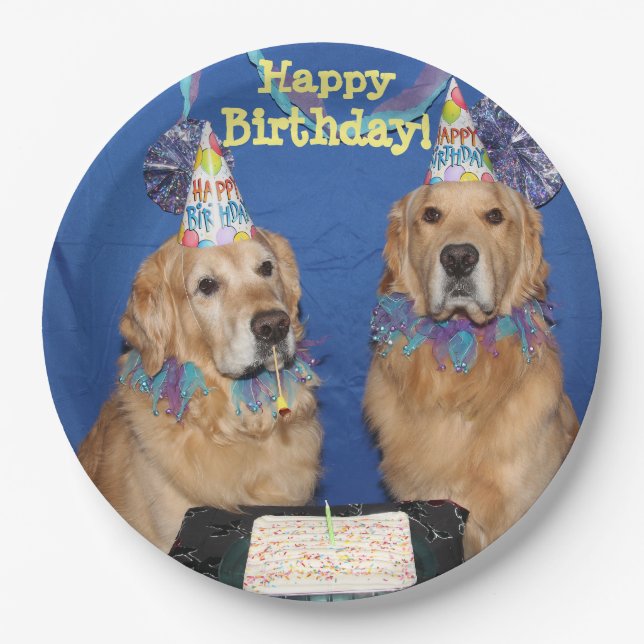 Golden Retrievers Happy Birthday Cake Paper Plate (Front)
