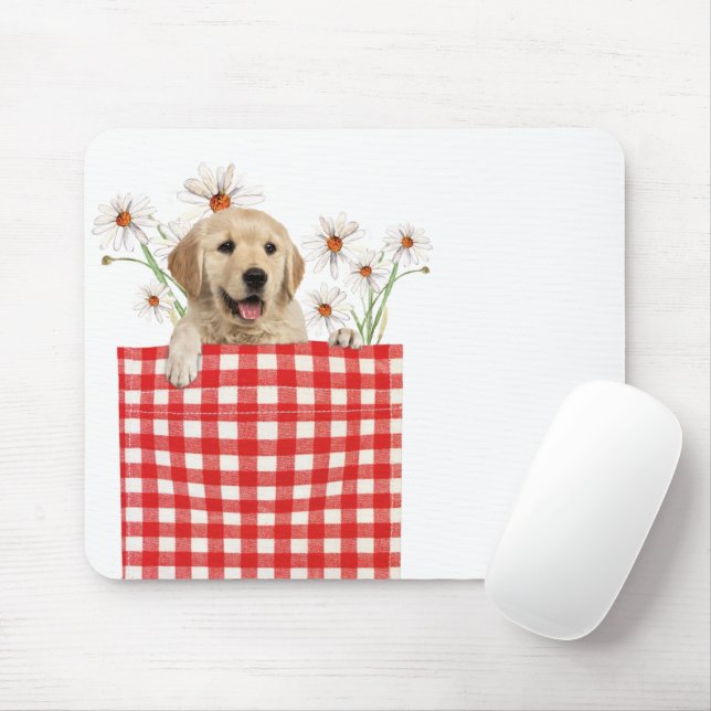 Golden Retrievers In Gingham Pocket Mouse Mat (With Mouse)