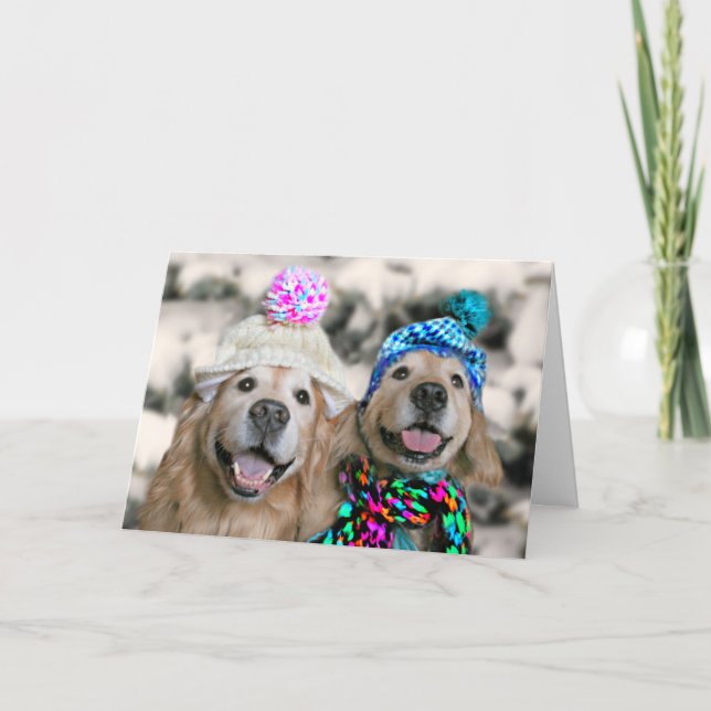 Golden Retrievers in Winter Hats Holiday Christmas (Front)