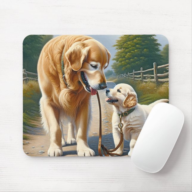 Golden Retrievers On A Leash Mouse Mat (With Mouse)