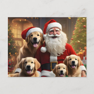 Golden Retrievers, puppies and Santa Claus Holiday Postcard