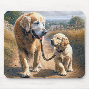 Golden Retrievers Walking on a Country Road Mouse Mat