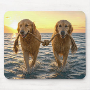 Golden Retrievers Walking with a Knotted Rope Mouse Mat