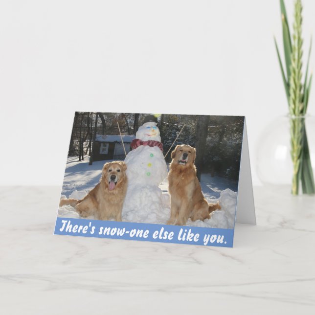 Golden Retrievers with Snowman Friendship Holiday Card (Front)