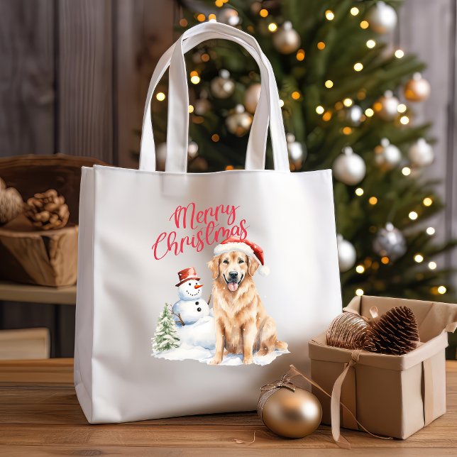 GOLDEN RETRIVER SANTA HAT MERRY CHRISTMAS TOTE BAG (SHOPPER FOR DOG STUFF WITH CHRISTMAS THEME GOLDEN RETRIVER SNOW MAN MERRY CHRISTMAS PINE TREE)