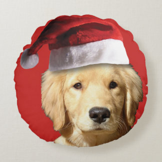 Golden Retriver wearing a Santa Claus Hat Round Cushion