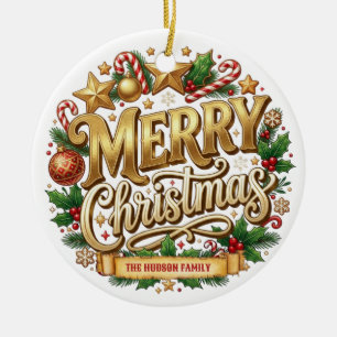 Golden Retro Merry Christmas Family Name Ceramic Tree Decoration