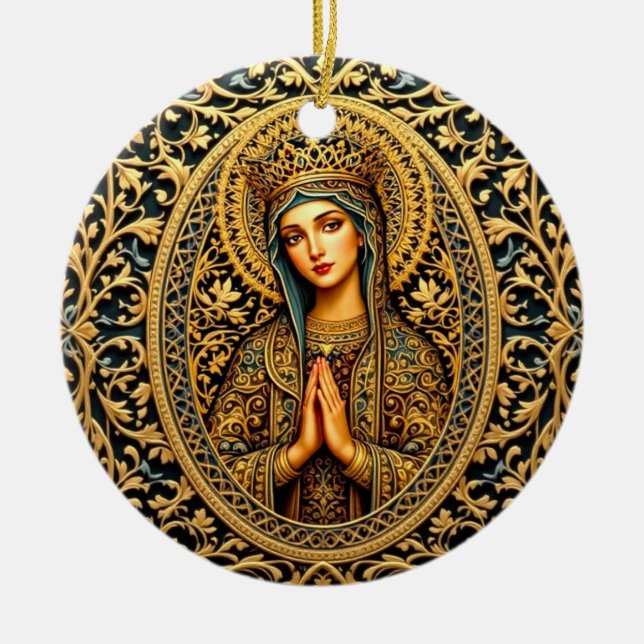 Golden Reverence Virgin Mary Ceramic Tree Decoration (Front)