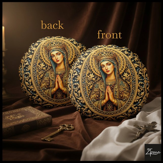 Golden Reverence Virgin Mary Round Cushion (Creator Uploaded)
