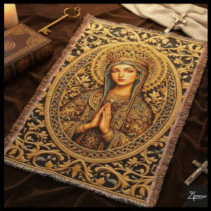 Golden Reverence Virgin Mary Throw Blanket