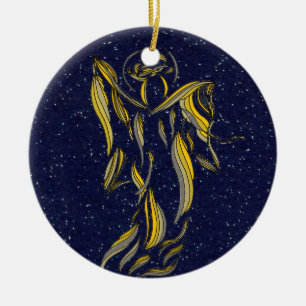 Golden Ribbon Angel Abstract Navy Blue Starfield Ceramic Tree Decoration