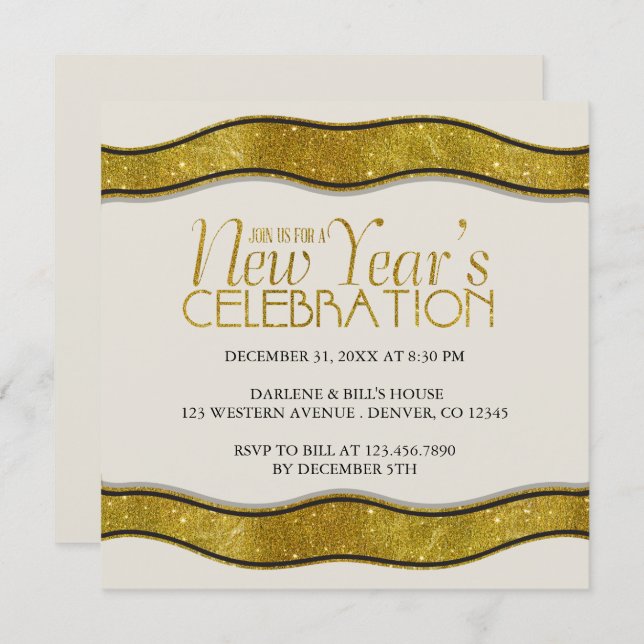 Golden Ribbon New Years Party Invitation (Front/Back)