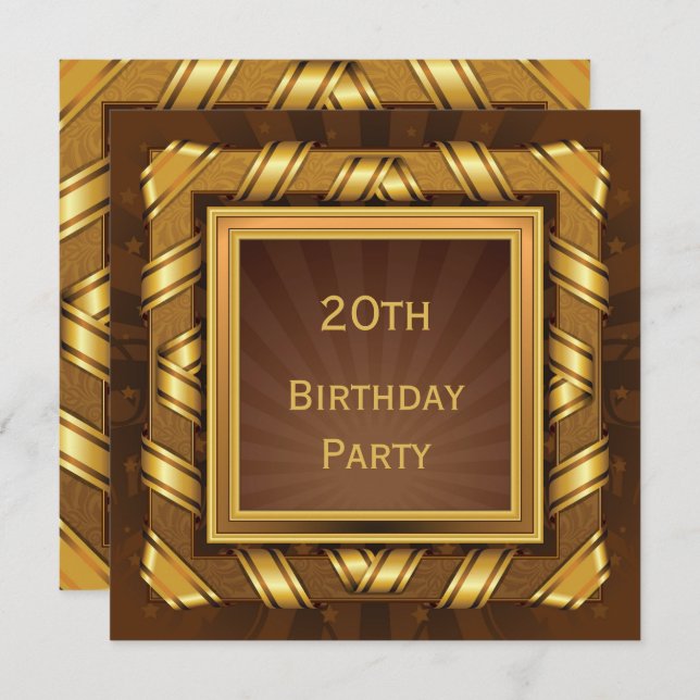 Golden Ribbon & Stars Framed Mans 20th Birthday Invitation (Front/Back)