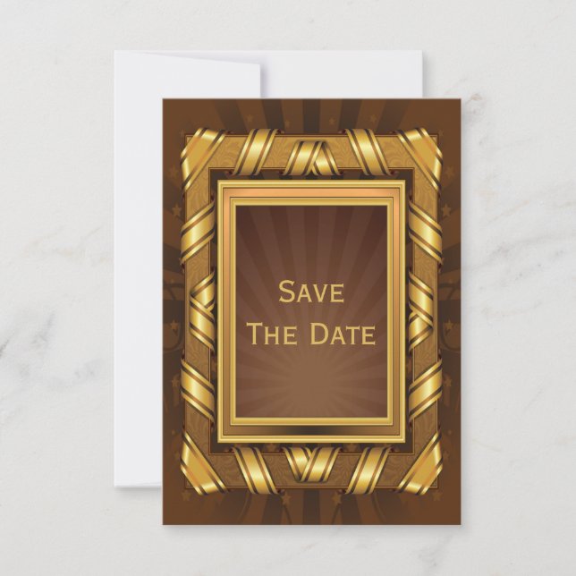 Golden Ribbon & Stars Framed Mans Save The Date (Front)