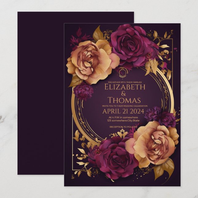 Golden Ring with Roses Dark Purple and Brown Sugar Invitation (Front/Back)