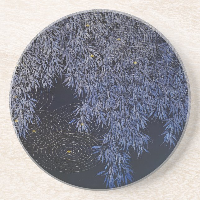 Golden Ripples Intricate Blue Hue Leafs Sandstone Coaster (Front)