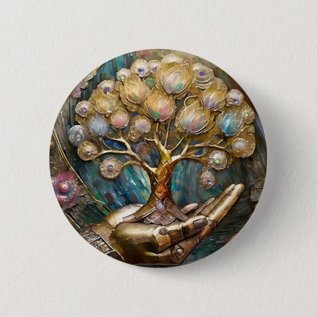 Golden Robot Hand Holding Gold Tree Of Life 6 Cm Round Badge (Front)