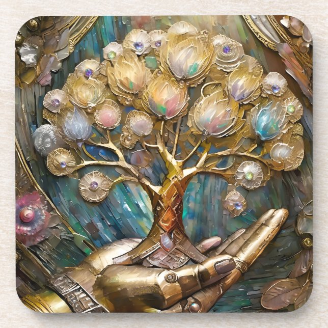 Golden Robot Hand Holding Gold Tree Of Life Coaster (Front)