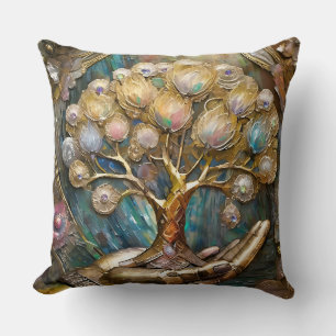 Golden Robot Hand Holding Gold Tree Of Life Cushion