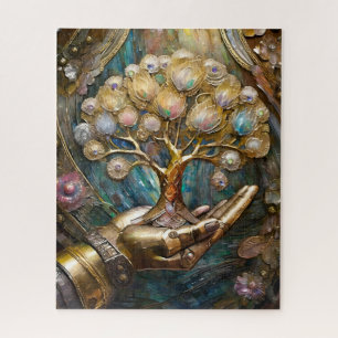 Golden Robot Hand Holding Gold Tree Of Life Jigsaw Puzzle