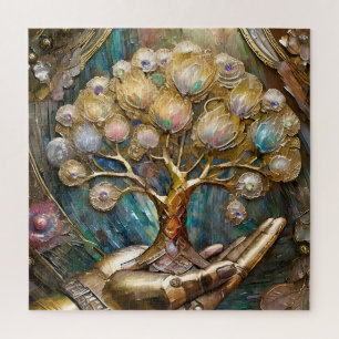 Golden Robot Hand Holding Gold Tree Of Life Jigsaw Puzzle