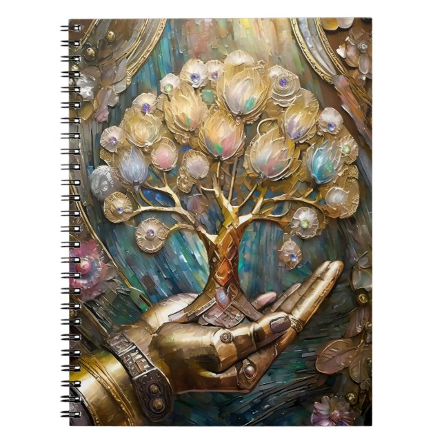 Golden Robot Hand Holding Gold Tree Of Life Notebook (Front)