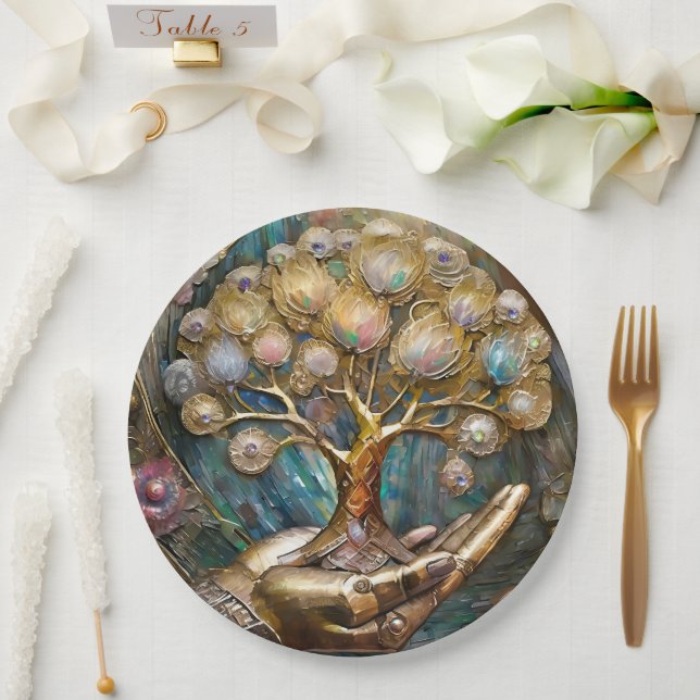 Golden Robot Hand Holding Gold Tree Of Life Paper Plate (Wedding)