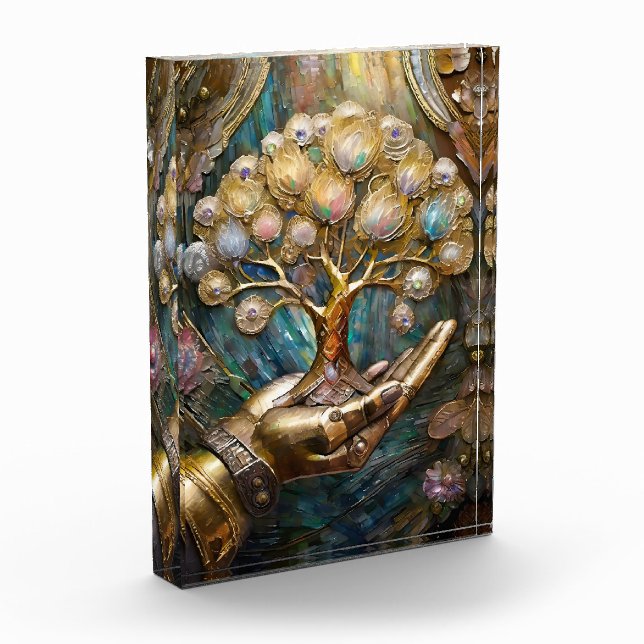Golden Robot Hand Holding Gold Tree Of Life Photo Block (Left)