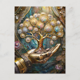 Golden Robot Hand Holding Gold Tree Of Life Postcard