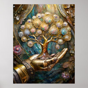 Golden Robot Hand Holding Gold Tree Of Life Poster