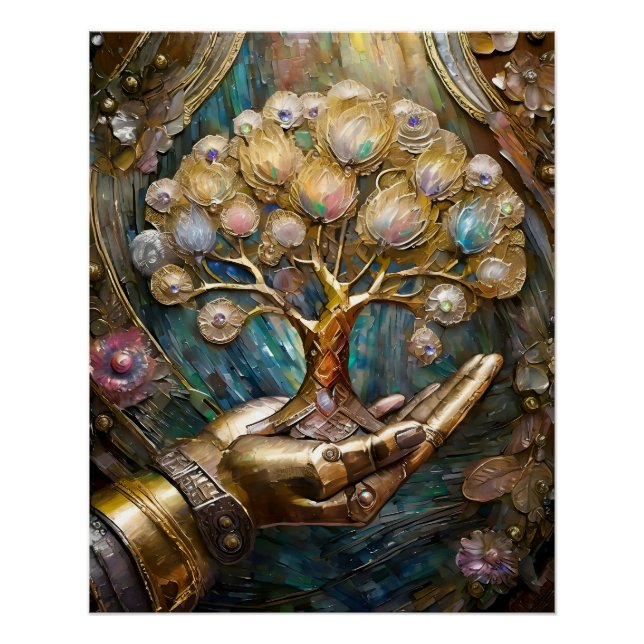 Golden Robot Hand Holding Gold Tree Of Life Poster (Front)
