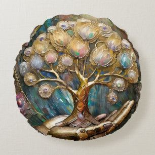 Golden Robot Hand Holding Gold Tree Of Life Round Cushion