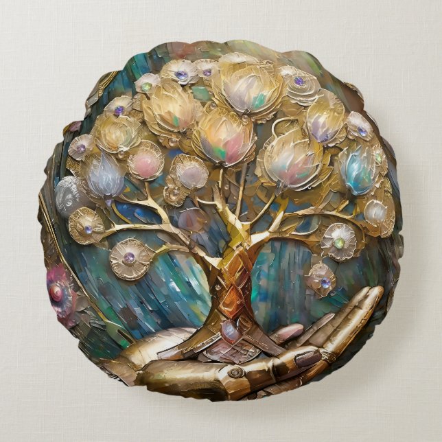 Golden Robot Hand Holding Gold Tree Of Life Round Cushion (Front)