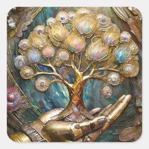 Golden Robot Hand Holding Gold Tree Of Life Square Sticker