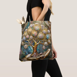 Golden Robot Hand Holding Gold Tree Of Life Tote Bag
