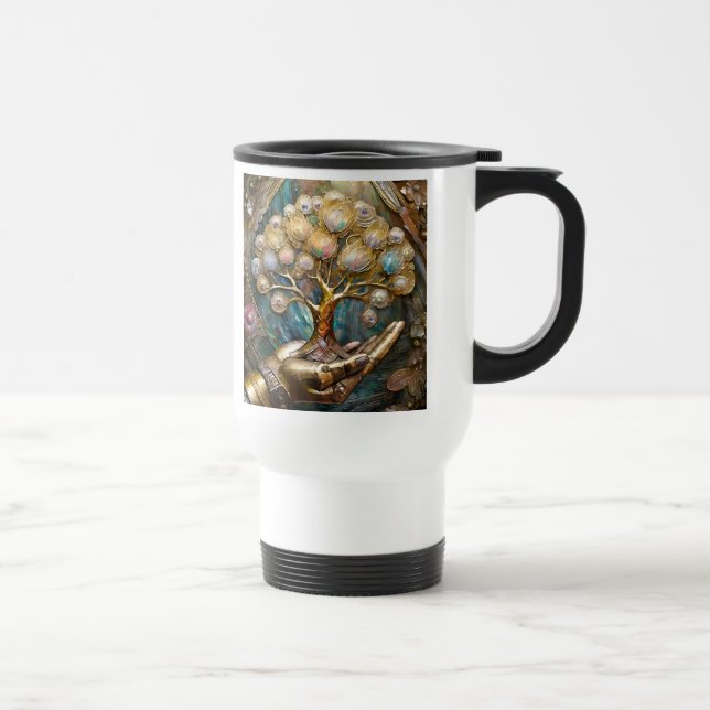 Golden Robot Hand Holding Gold Tree Of Life Travel Mug (Right)