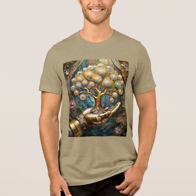 Golden Robot Hand Holding Gold Tree Of Life Tri-Blend Shirt (Front)